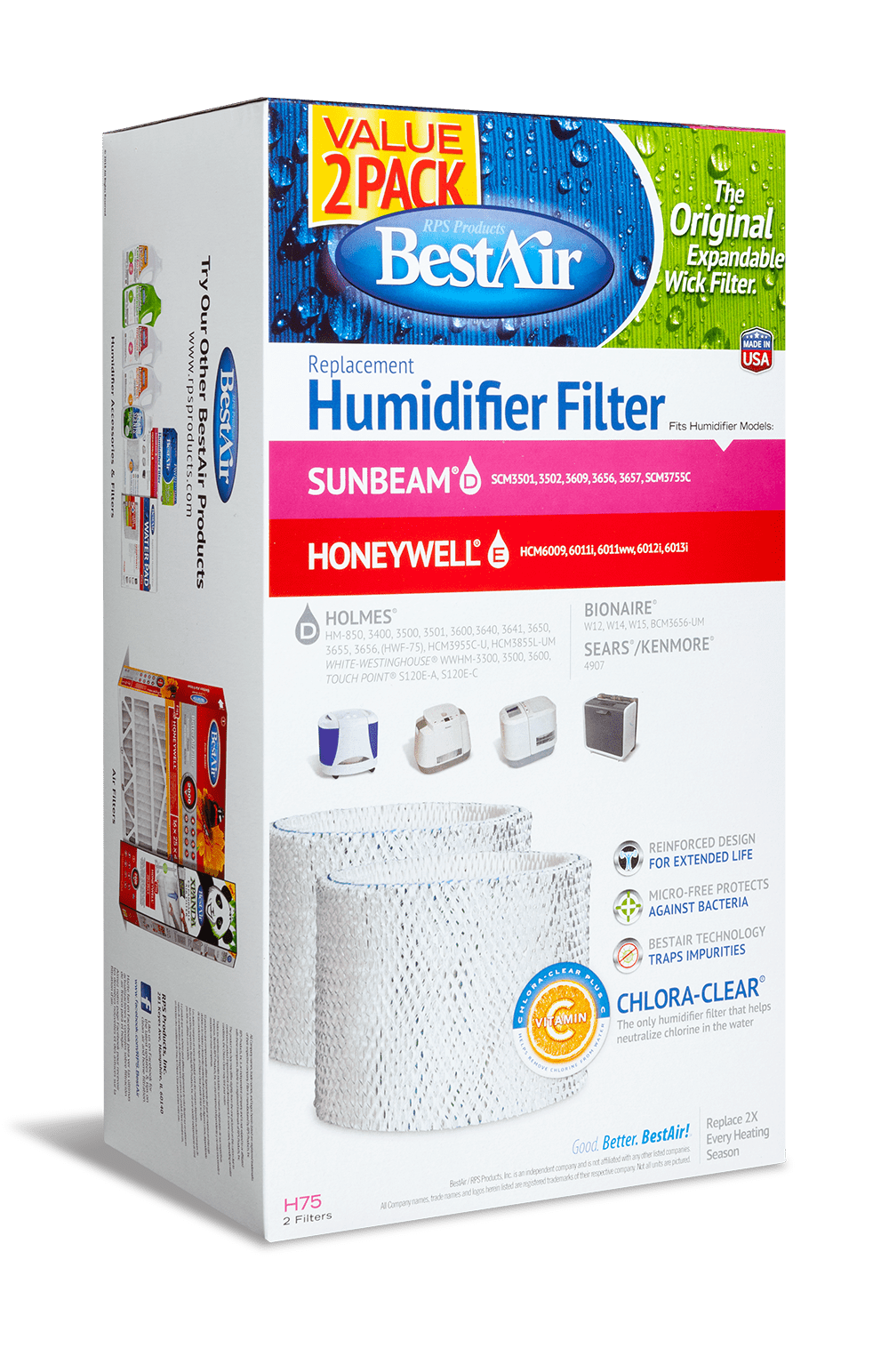 Quantity 2 BestAir H75 Extended Life Replacement Humidifier Wick Filter